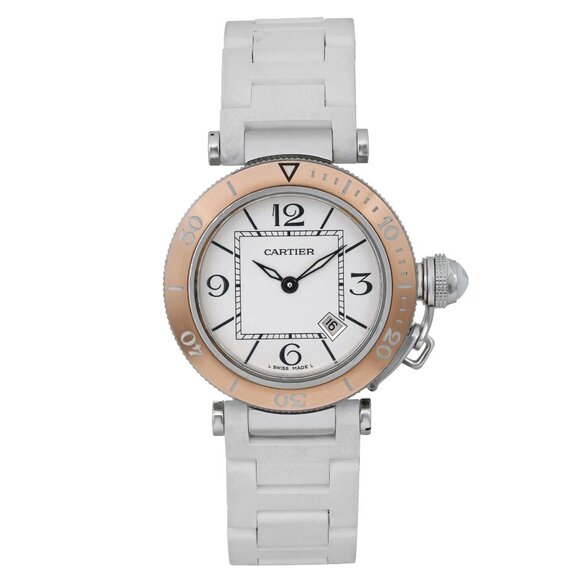 Cartier Pasha Seatimer Steel Rose Gold Rubber Strap Ladies Watch W3140001 - Picture 1 of 6